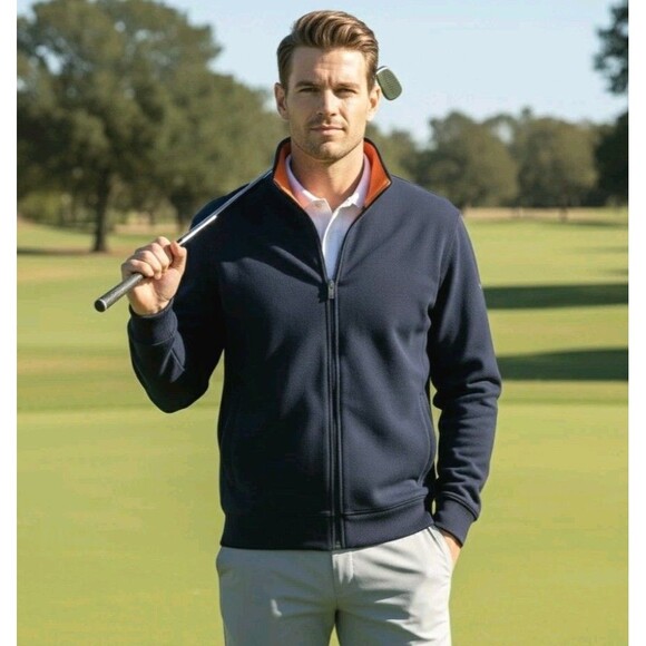 Vintage Ralph Lauren Golf Navy Fleece Mens XL Jacket Full Zip Orange Lined USA - Picture 1 of 16